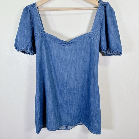Zara  Denim Balloon Sleeve Heart Shaped Neckline Mini Dress - Picture 5 of 16
